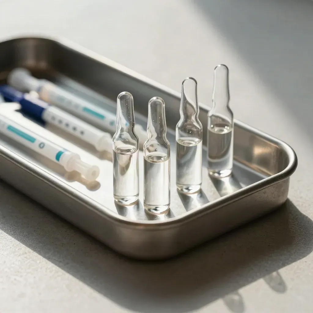 Top-down clinical still life of ampoules, swab tubes, and a matte aluminium tray.