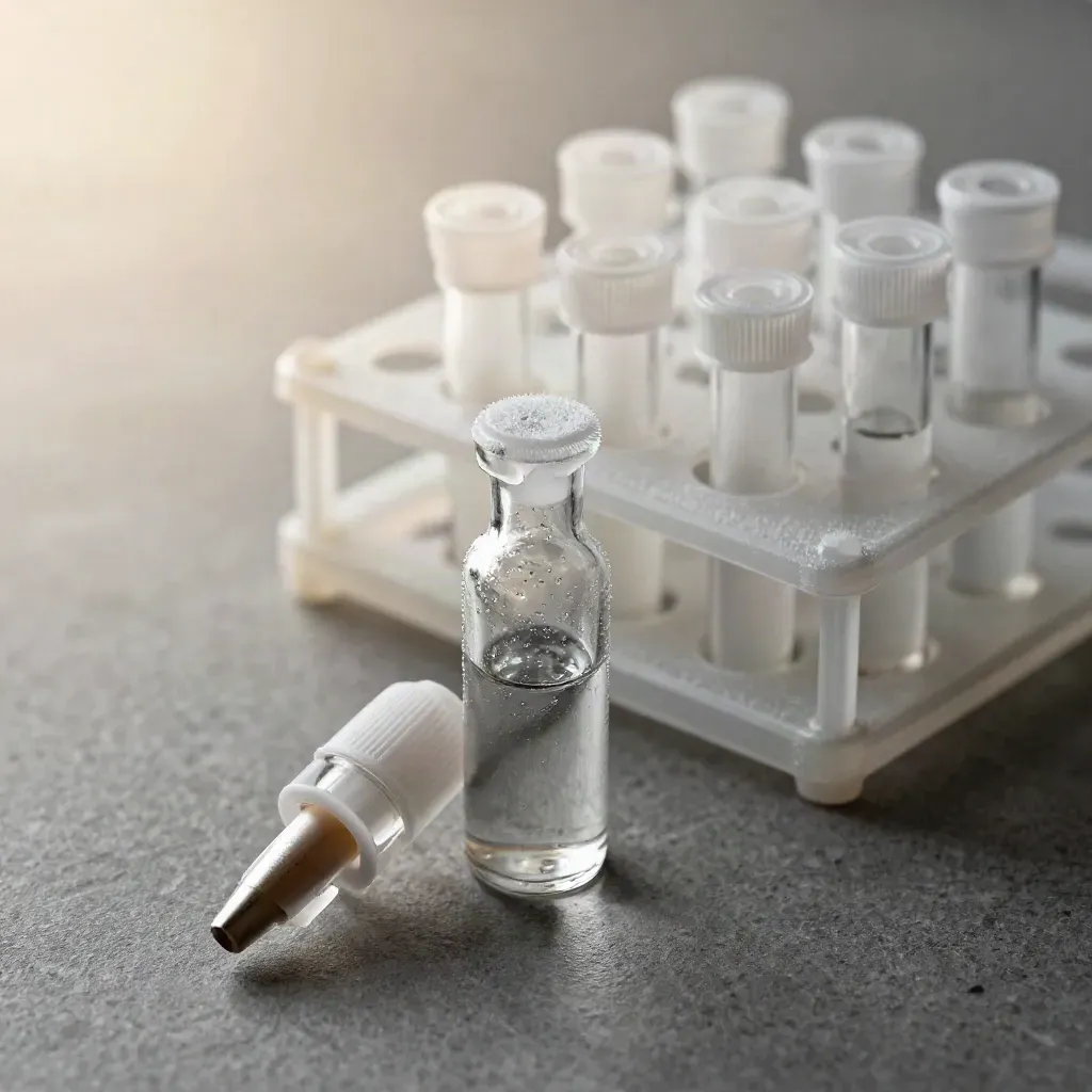 Macro flatlay of lab vials, capped microtubes and a frosted sample rack on cool stone.