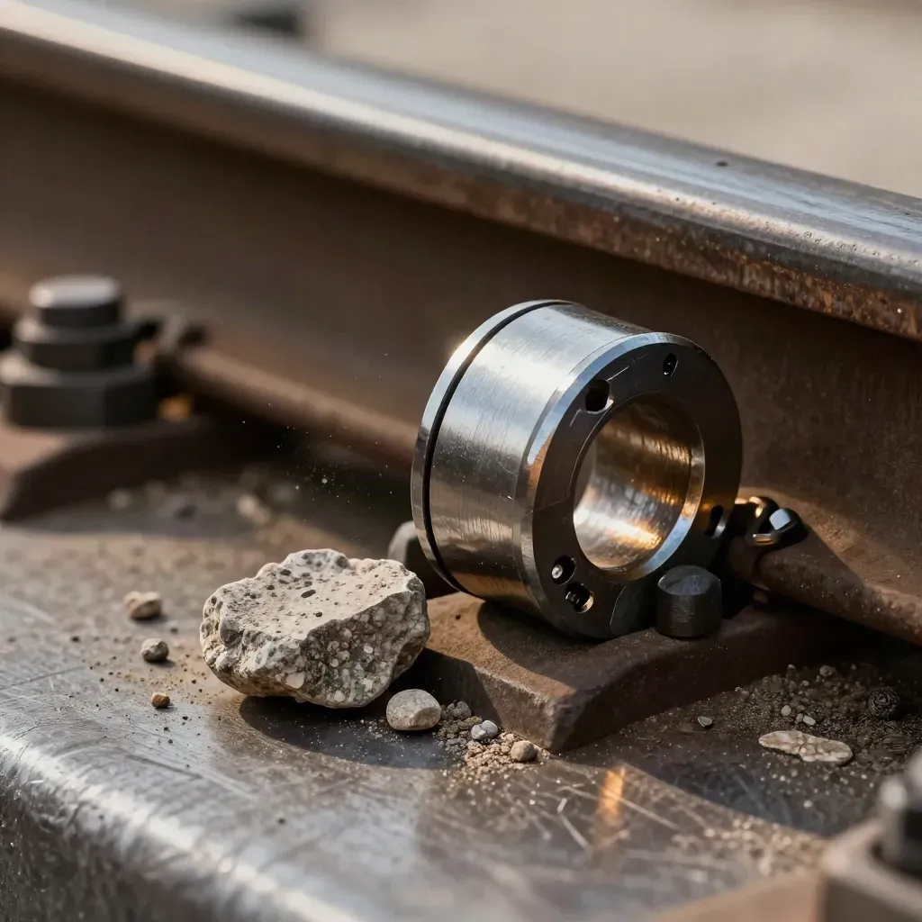 Steel rail fasteners, axle spacer and ballast fragment on brushed metal in dramatic studio light.