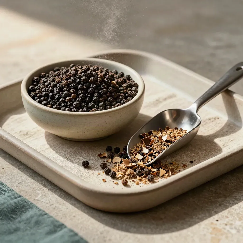 Overhead still life of peppercorns in a ceramic bowl with a linen tray and stainless scoop.