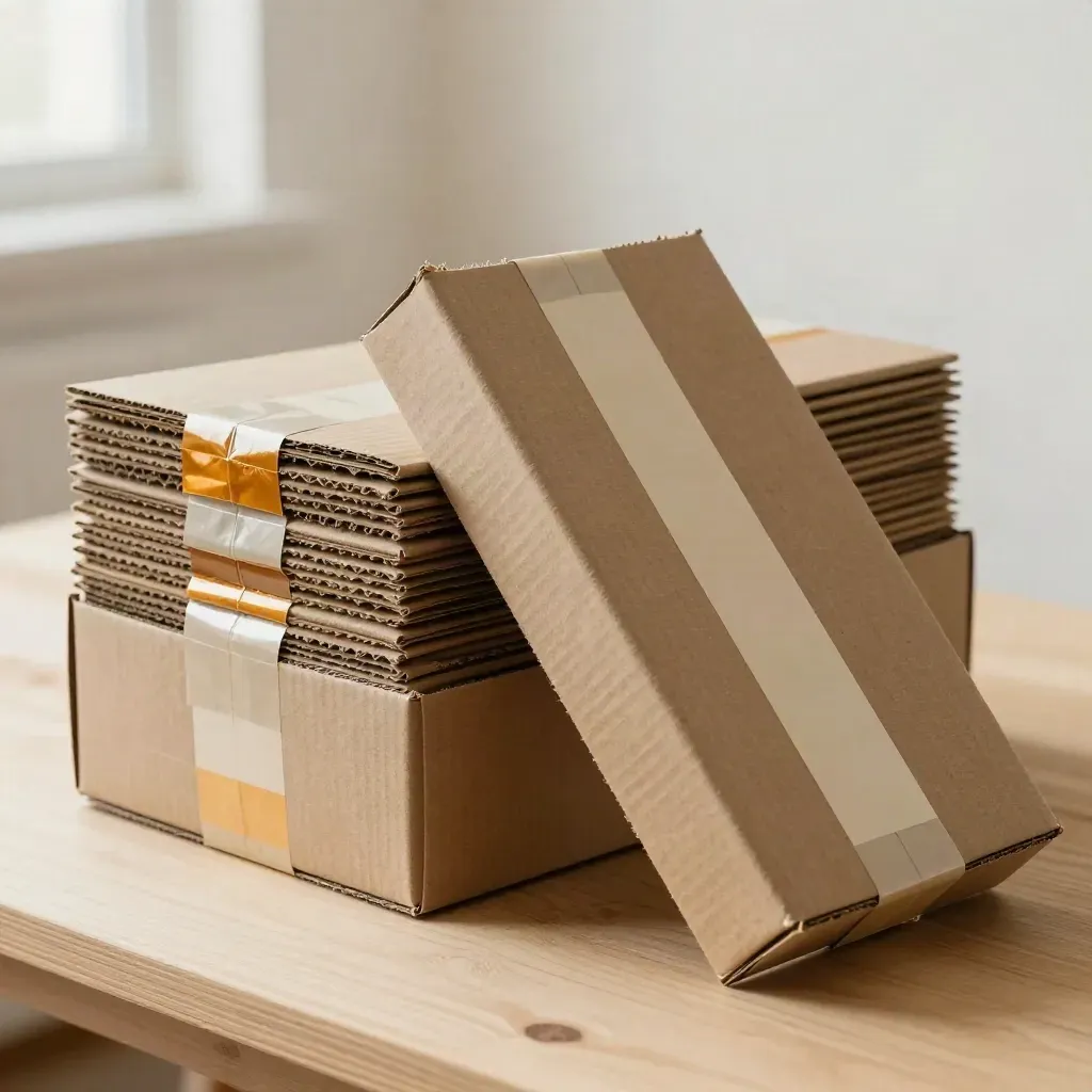 Shipping cartons with kraft inserts and blank labels on pale wood, one box sliding into place.