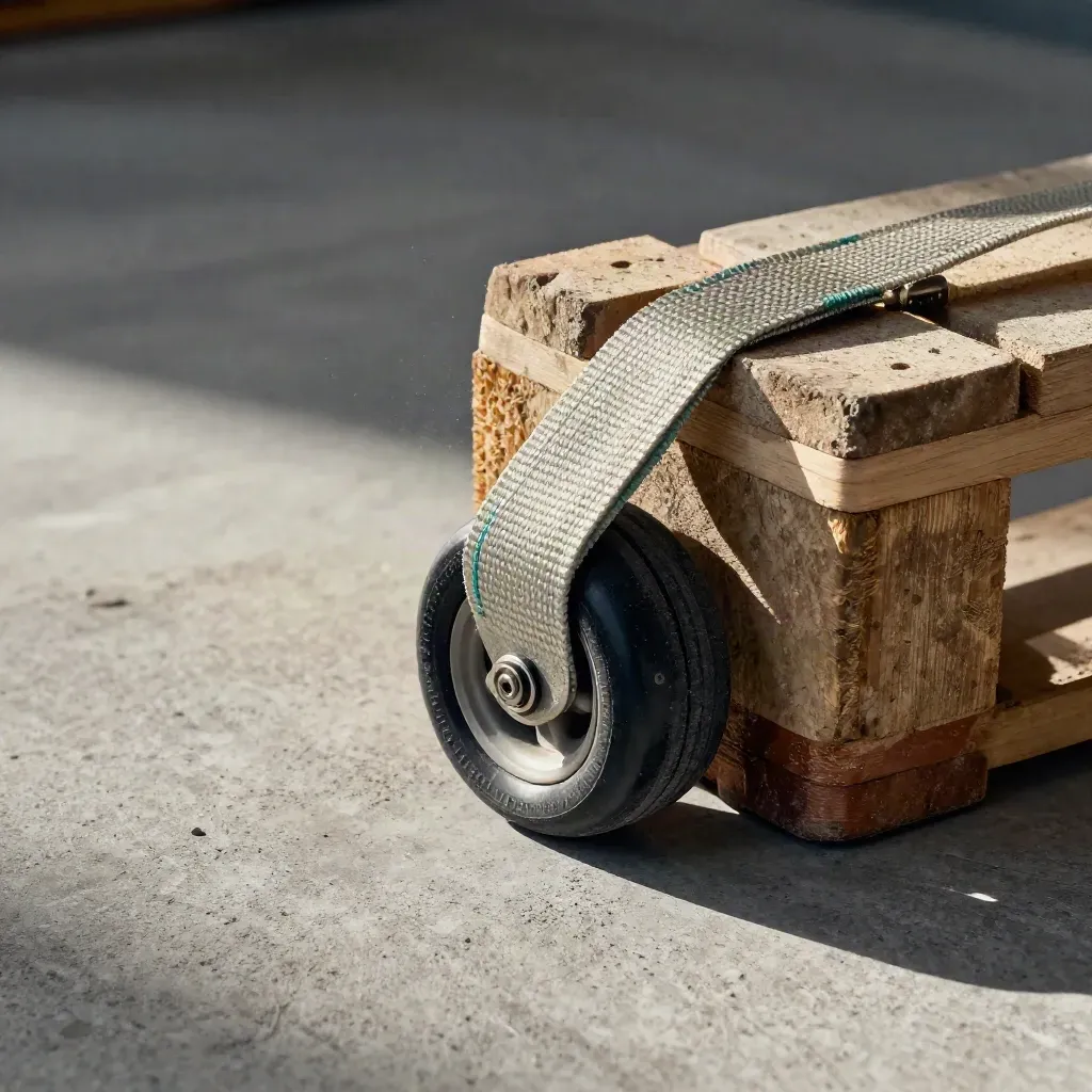 Pallet corner with rubber wheel stop and taut ratchet strap on dusty concrete, lit dramatically.