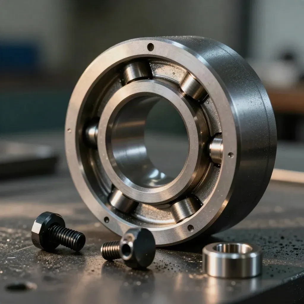 Graphite bearing housing with set screws and a steel spacer on a cool workshop surface.
