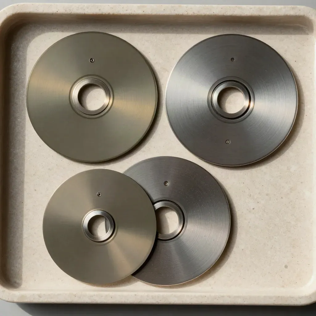 Three inspection discs, one roughened, arranged on a pale stone tray.