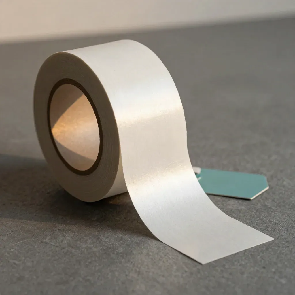 Thermal label roll, peeled backing strip, and aluminium tag blank on stone