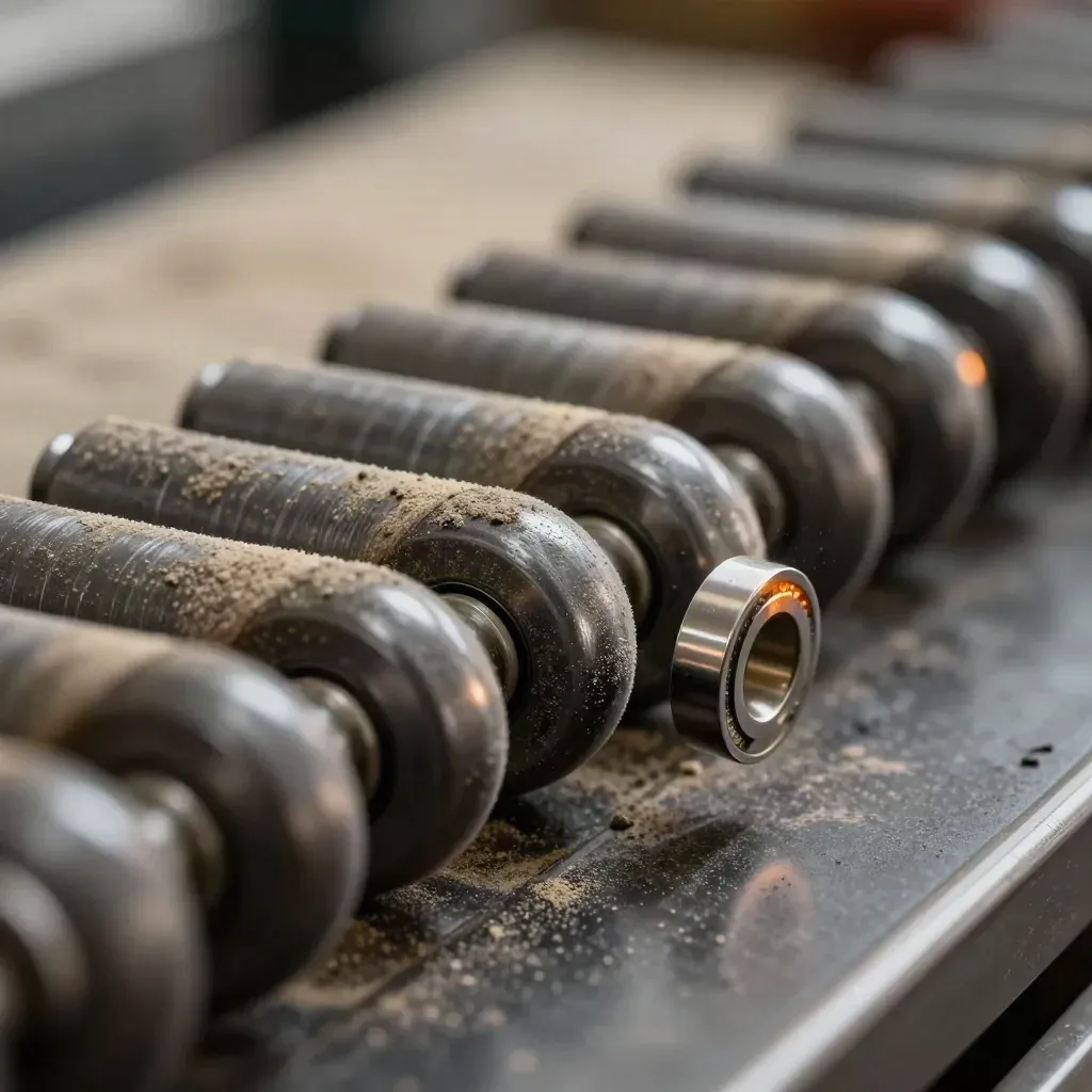 Macro of conveyor rollers with a polished bearing collar rolling past in dust and amber light.