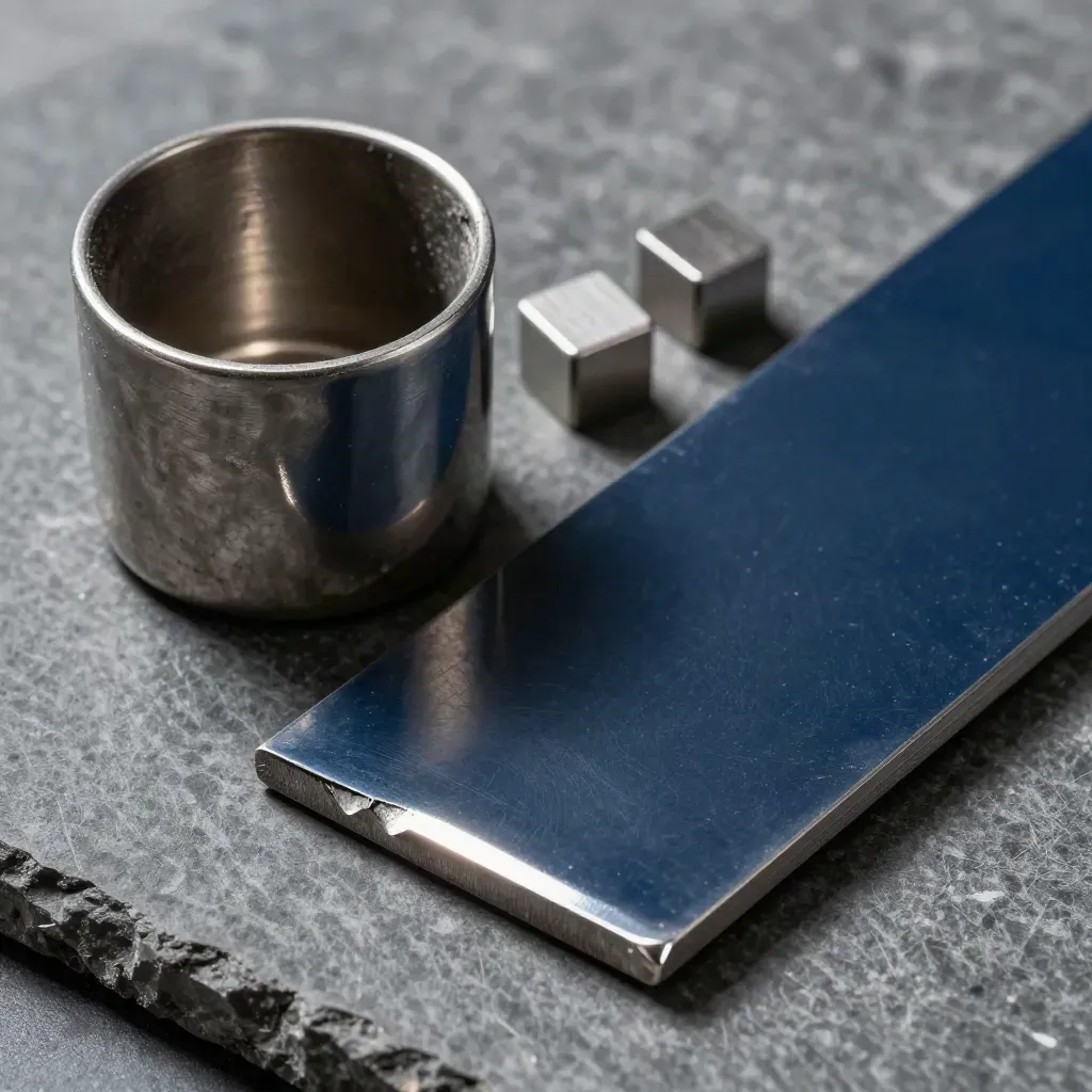 Painted metal sample plate with a chip and dented steel cup on graphite stone.