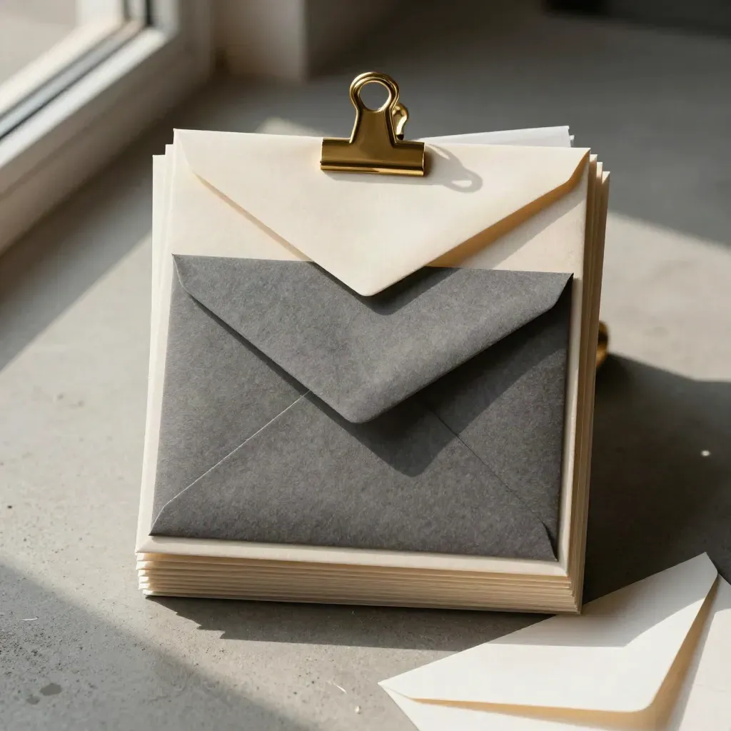 Top-down still life of archival envelopes, tabbed binders and a brass clip on grey concrete.