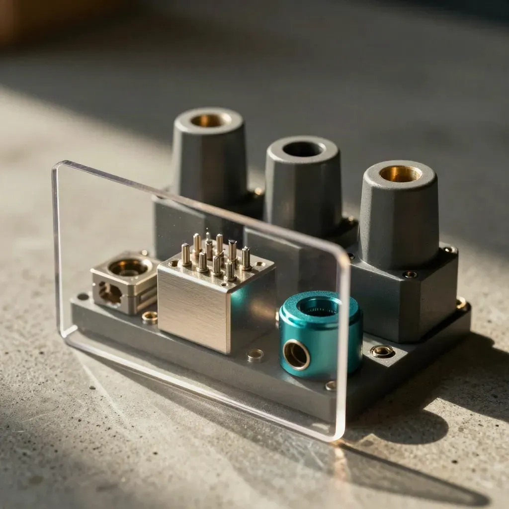 Prototype connector shells and test blocks behind a blurred clear acrylic shield