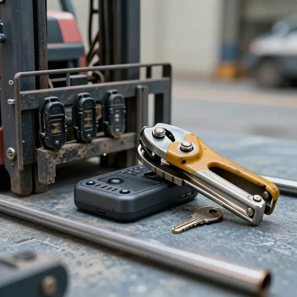 Macro still life of forklift keys, radio cradle and strap tensioner on a warehouse bench.