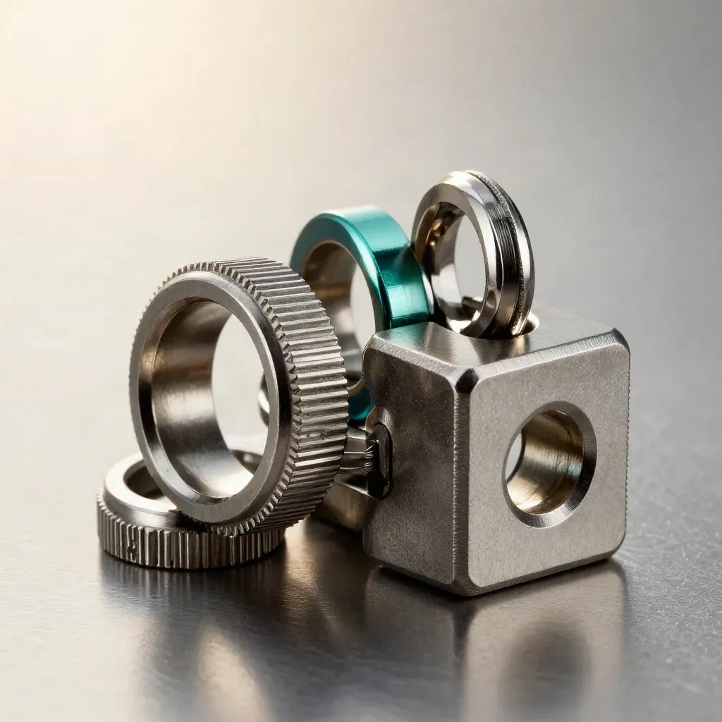 Macro still life of metal couplers and rings on brushed steel with a subtle teal accent.