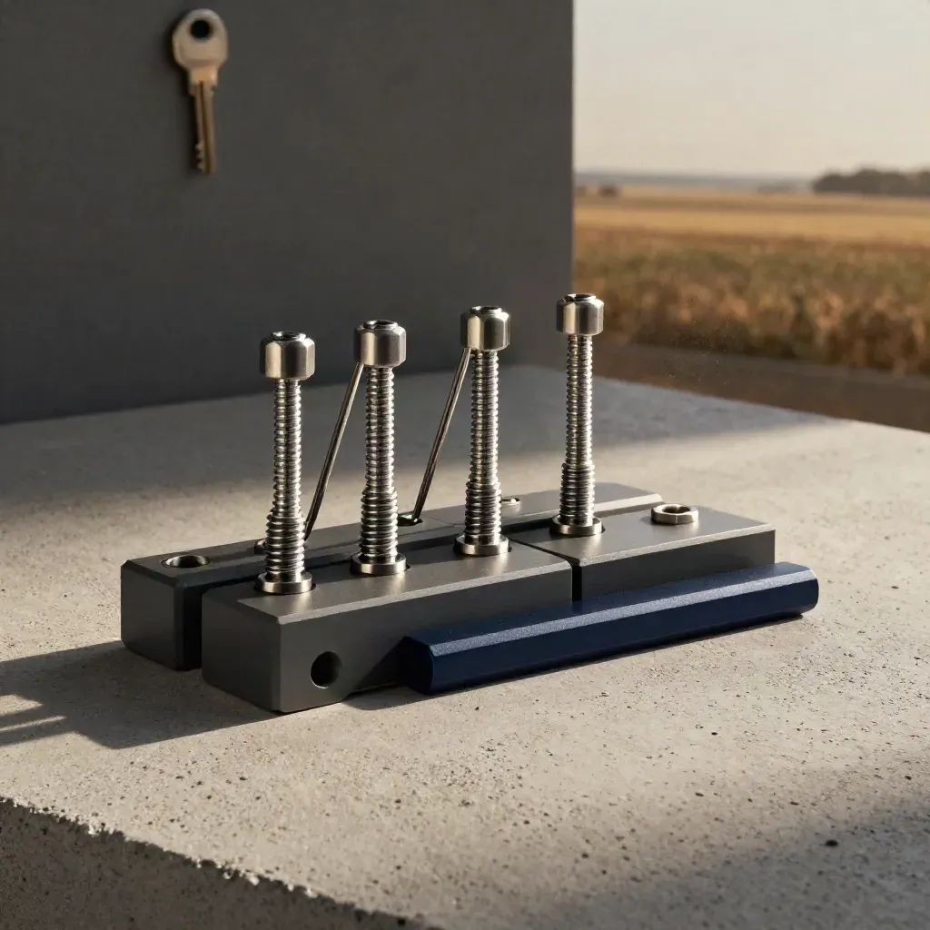 Graphite connector blocks, spring clips, and hex standoffs on pale concrete in dramatic studio light.