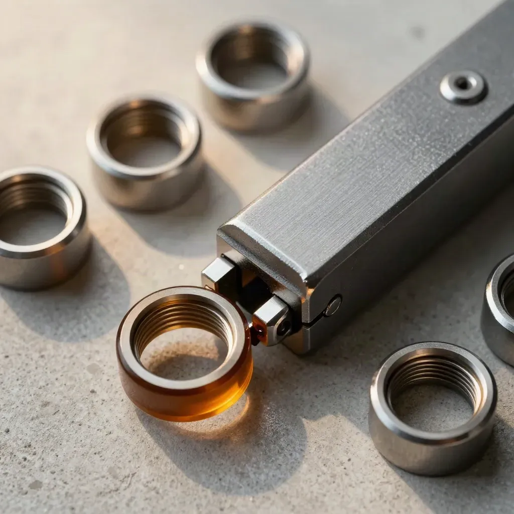 Top-down closeup of graphite connectors and a stepped brace on pale concrete with an amber accent.