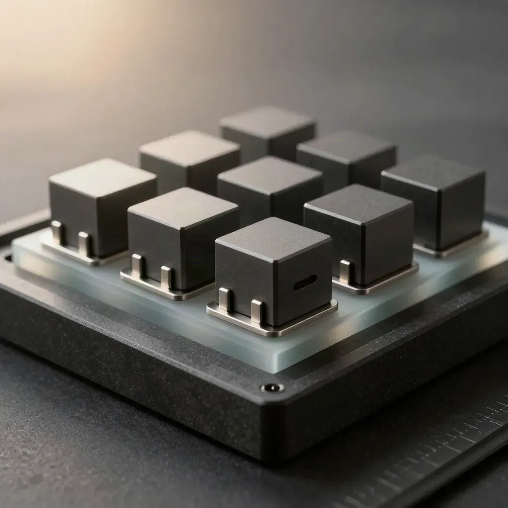Graphite modular blocks and brackets with a frosted glass spacer on a dark work surface.